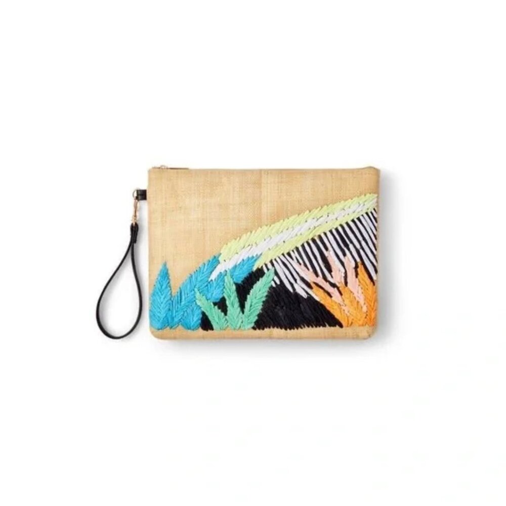 Like New Tabitha Brown Target | Abstract Botanical Embroidered Straw Clutch Tan